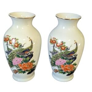 Vintage Arnart Japan Peacock Floral Porcelain Bud Vases Gold Trim Set of 2